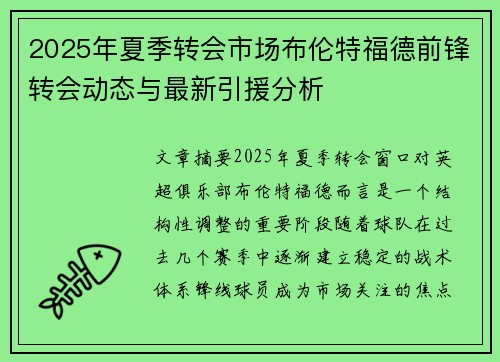 2025年夏季转会市场布伦特福德前锋转会动态与最新引援分析
